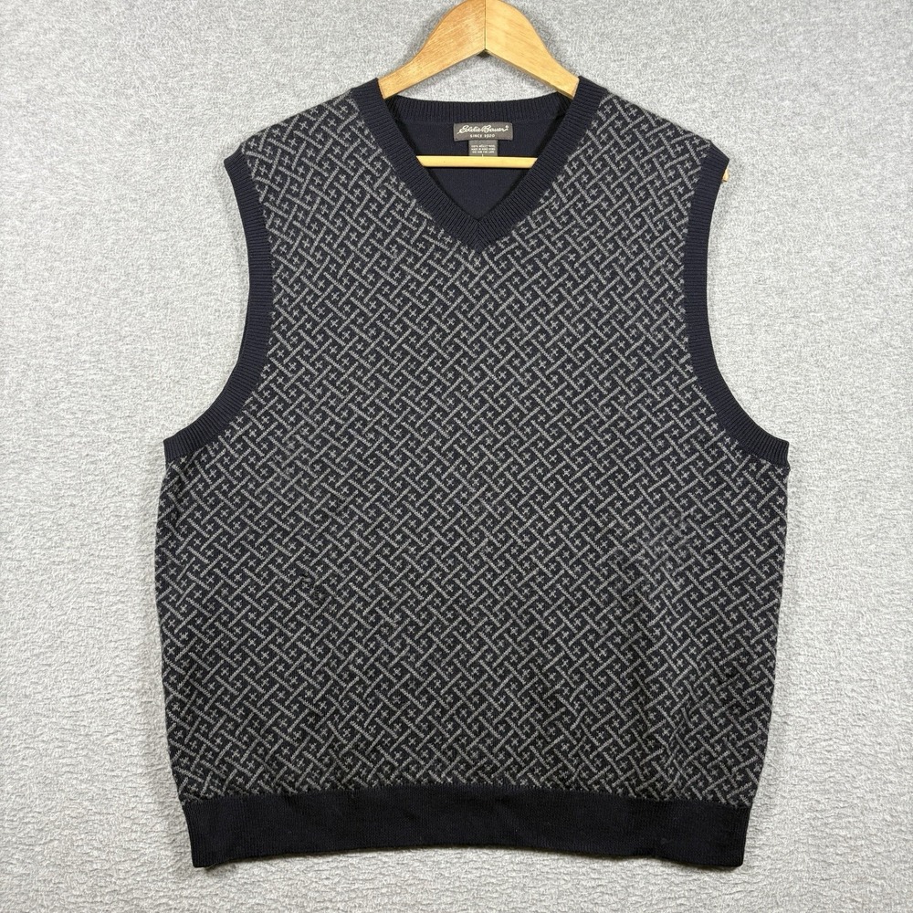 Vintage 90s Eddie Bauer Merino Wool Knit Sweater Vest Mens Large Geometric Navy